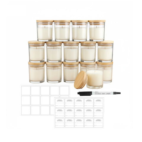 Lot de 15 bocaux en verre pour bougies de 170 ml avec couvercle en bambou