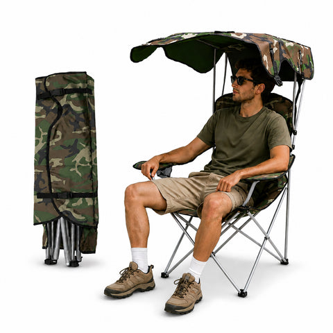 Chaise de Camping Pliable avec Auvent Pare-Soleil – Structure en Acier au Carbone Charge Maximale 120kg – Tissu Oxford Résistant – Dimensions 53x77x130cm – Gain de Place avec Housse de Rangement