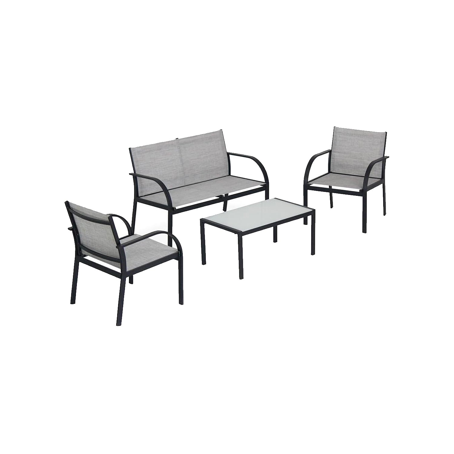 Set da giardino 4 pezzi con divano, poltrone e tavolino - Salotto da esterno con struttura in metallo e tessuto textilene grigio resistente agli agenti atmosferici