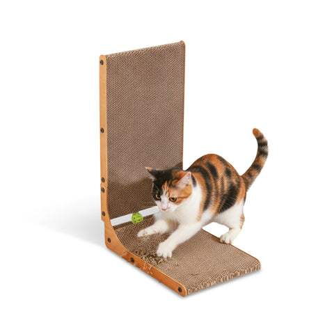 Tiragraffi per Gatti a Forma di L Altezza 68 cm in Carta Ondulata Resistente e Legno MDF –  con Gioco a Pallina Integrato