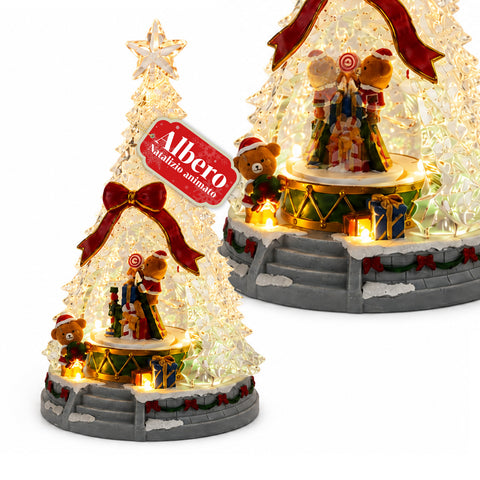 Sapin de Noël lumineux JoyTree avec musique et animation à 360°, lumières LED, scène avec oursons et casse-noisettes, double alimentation USB, 32,5 cm