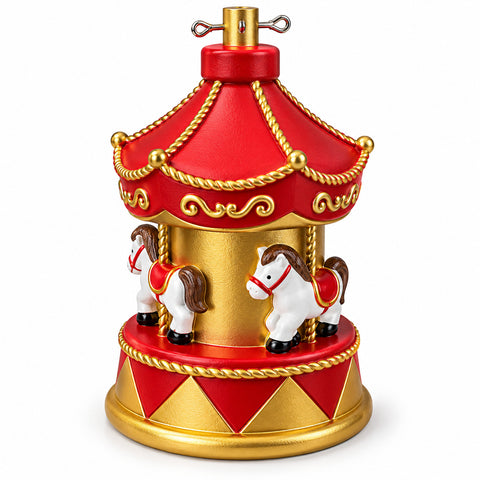 Socle de sapin de Noël en forme de manège avec chevaux, rouge et doré, 54 cm