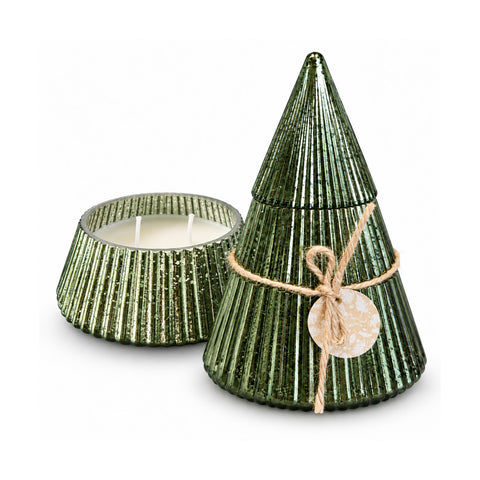 Bougie parfumée en verre décoré en forme de sphère ou de sapin – Parfums de pin, de cannelle et de vanille – Contenant réutilisable