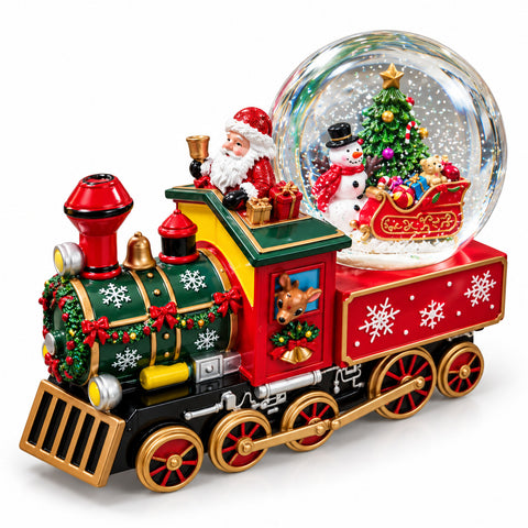 Carillon locomotive de Noël avec boule à neige en verre, Père Noël dans le train, à remontage mécanique, dimensions 22x13x17,5 cm