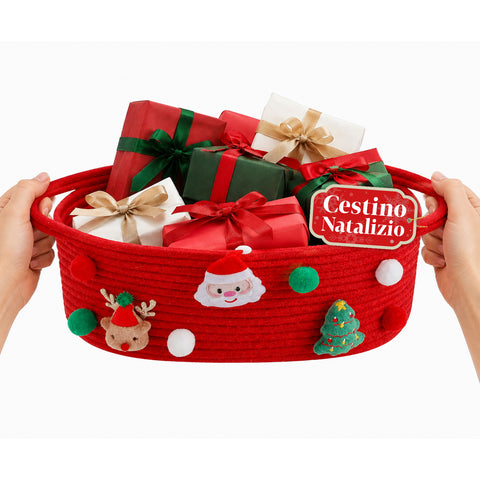 Panier de Noël en corde de coton rouge 30x20x12 cm avec poignées