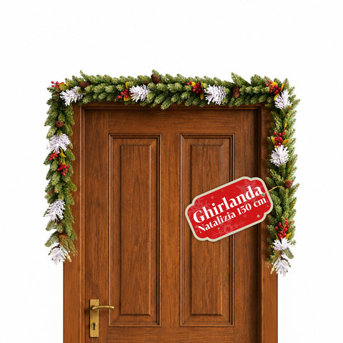 Guirlande de Noël de 150 cm avec pommes de pin et baies rouges, branches modelables
