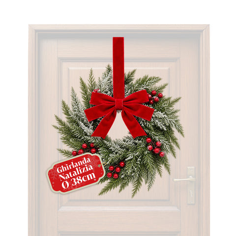 Guirlande de Noël de 38 cm avec nœud rouge et baies, effet neige