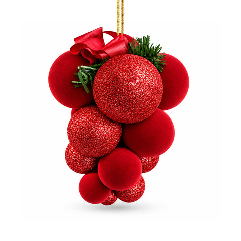 Grappolo di palline di Natale da appendere con 17 palline da 4 a 7 cm, fiocco e gancio in filo: in rosso, oro o argento