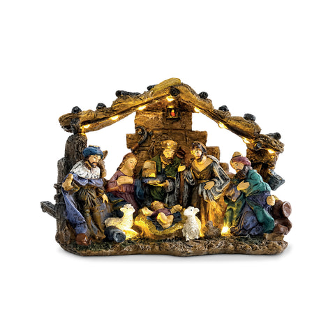 Crèche de la Nativité HolyGlow en polyrésine avec lumières LED et interrupteur MARCHE/ARRÊT, cabane rustique et base stable, 23x11,5x17 cm