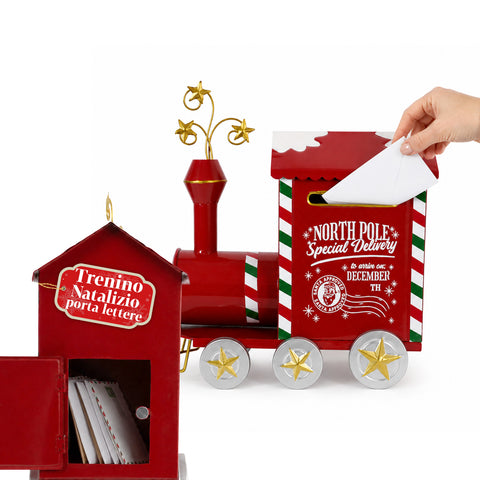 JingleRail, petit train de Noël porte-lettres en métal, trappe arrière, grande capacité, dimensions 28x16x36 cm