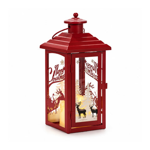 Lanterne de Noël lumineuse à piles 12x12x28 cm avec rennes