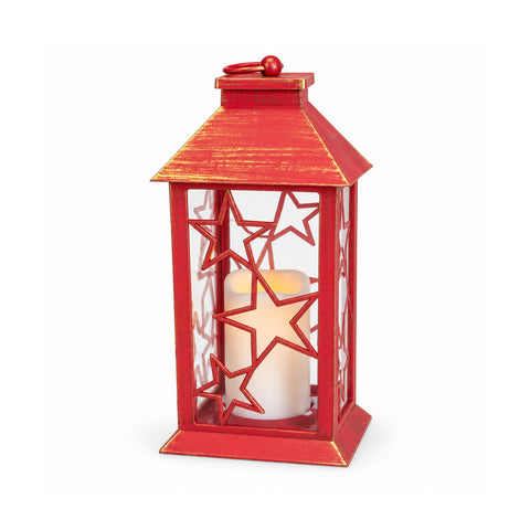 Lanterne de Noël rouge à LED de 30 cm, cire avec effet de flamme, à suspendre ou à poser, 14x14x30 cm, 2 décorations disponibles : étoiles ou flocons de neige