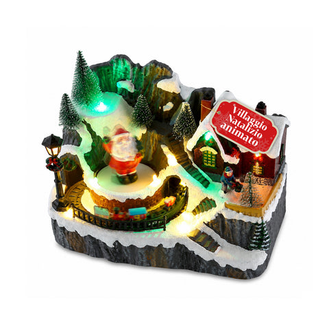 LitVille Village de Noël lumineux à LED avec train en mouvement et Père Noël rotatif, 8 mélodies de Noël, 23x15x18 cm, à piles
