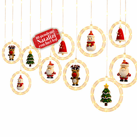 Lumières de Noël à piles, 10 suspensions LED avec décorations assorties