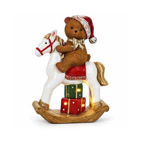 Petit ours lumineux sur cheval à bascule avec LED, décoration H40 cm