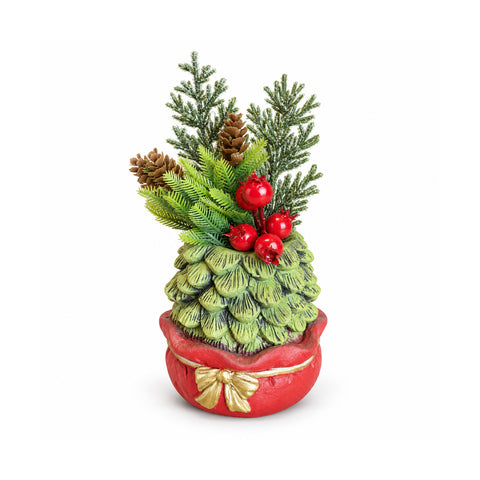 Petite plante décorative avec un petit arbre de 20 cm, décoration de Noël de table avec pommes de pin, baies rouges et nœud en relief, 2 variantes rouge et dorée