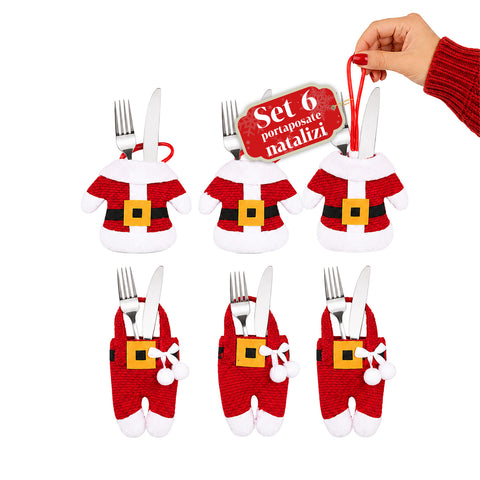 Pochettes à couverts de Noël Père Noël, lot de 6 pièces en TNT et polyester