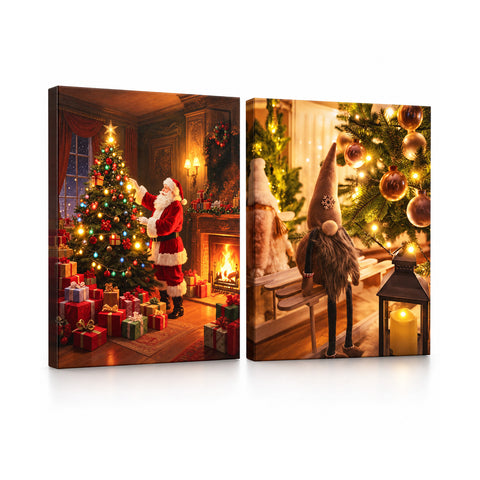 Tableaux de Noël avec lumières LED, lot de 2, 30x40 cm : Père Noël, rennes, gnome et sapins lumineux, à piles avec interrupteur
