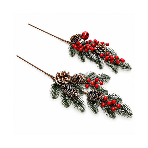 Branche de pin enneigée avec pommes de pin et baies rouges 60 cm, assortiment
