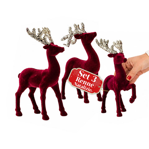 Ensemble de 3 rennes de Noël en velours rouge, décoration de table