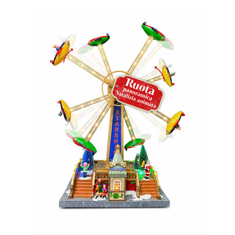 Grande roue panoramique de Noël SkyWheel avec lumières LED, mélodies et double rotation, village avec billetterie et personnages, 47,7 cm