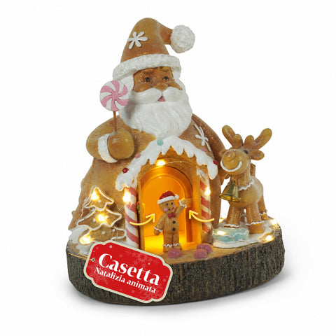 Santa Ginger - Décoration de Noël représentant le père Noël en pain d’épices Santa Ginger avec lumières LED, musique et porte ouvrable, maisonnette lumineuse en résine de 20,6 cm
