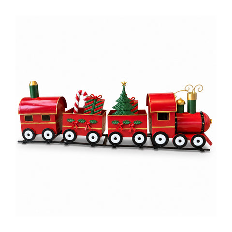 Petit train de Noël décoratif à poser au sol, 130 cm, avec des wagons chargés de cadeaux et un sapin lumineux à LED fonctionnant à piles