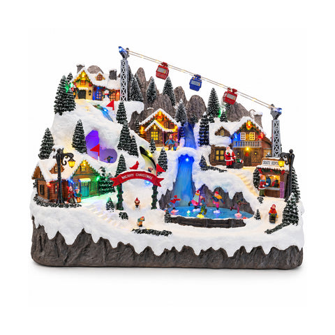 Villaggio di Natale Luminoso con Piste da Sci e Pattinaggio in Movimento, Luci LED e Musica – 56x37x42 cm