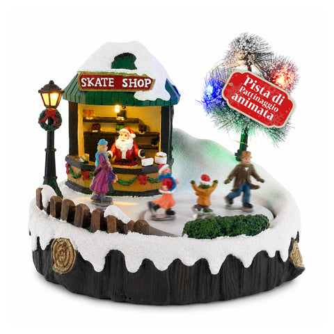 Village de Noël lumineux GlideRink, patinoire animée avec musique et lumières LED, décoration en résine 20,8x20,7x17,2 cm, à piles AA