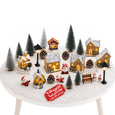 Village de Noël en résine de 30 pièces avec petites maisons lumineuses et neige