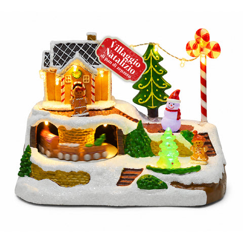 Village de Noël lumineux Candy Town avec petit train en mouvement et 8 mélodies, maison en pain d’épices à LED, décoration de Noël de 23,5 cm