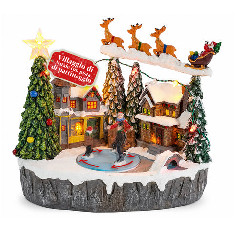 Village de Noël lumineux Snowtime avec patinoire animée, lumières LED et musique, traîneau du Père Noël, polyrésine 21,5x15,8x22,5 cm