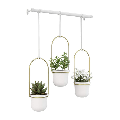 Set de 3 Vases Suspendus Décoratifs en Acier Blanc/Laiton