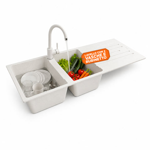Lavello Cucina a Due Vasche con o senza Gocciolatoio, Bianco o Nero, Rubinetto incluso