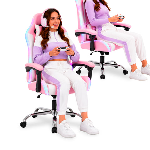 Sedia Gaming Ergonomica con Luci RGB e Cuscino Lombare Massaggiante, Poltrona Ufficio Reclinabile con Telecomando