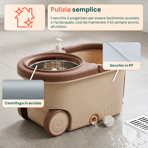 avilia home kit mocio rotante 360 con secchio 14l 46x27x22cm e centrifuga in acciaio include 2 testine in microfibra dosatore sapone e asta telescopica set lavapavimenti universale con ruote e scarico ean 8052879013140