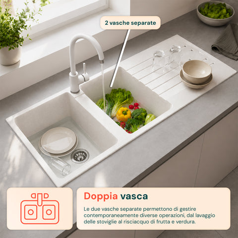 avilia home lavello cucina a due vasche con o senza gocciolatoio bianco o nero rubinetto incluso ean 8056819079098