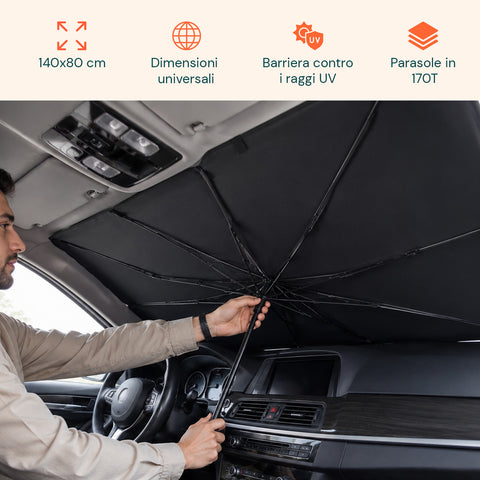 avilia home parasole per auto a ombrello protezione raggi uv universale dimensioni 140x80cm struttura a 10 aste in ferro e tessuto 170t pieghevole con custodia salvaspazio raffresca abitacolo ean 8052879014031