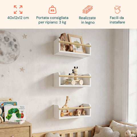 avilia home set 3 mensole da parete per bambini in legno resistente 40x12 cm portata 3kg ean 8052879011672