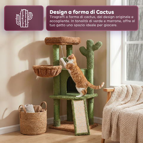 puppy lovers albero tiragraffi per gatti a forma di cactus 1065 cm torre tiragraffi in sisal naturale con casetta cuccia a cestino e pallina gioco design moderno verde e marrone ean 8054806950849