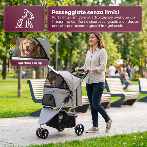 puppy lovers passeggino per cani e gatti pieghevole grigio cabina trasparente con visione a 360 carrello per animali domestici in acciaio e oxford con portabicchieri e cestello portata 15kg ean 8054806950276