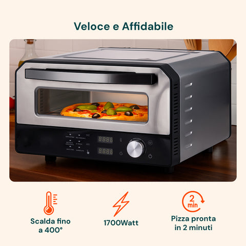 Forno veloce e affidabile che scalda fino a 400 gradi con 1700Watt, pizza pronta in soli 2 minuti