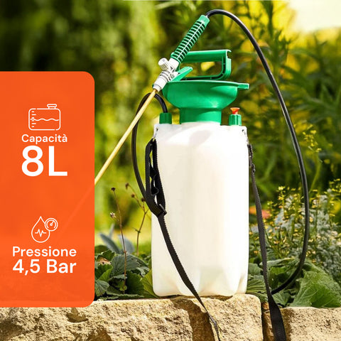Pompa irroratrice 8L con capacità e pressione 4,5 bar, ugello regolabile per getto pieno o nebulizzazione, ideale per orti e giardini