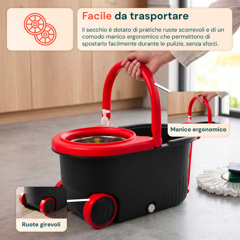 avilia home kit mocio rotante 360 con secchio 14l 46x27x22cm e centrifuga in acciaio include 2 testine in microfibra dosatore sapone e asta telescopica set lavapavimenti universale con ruote e scarico ean 8052879013140