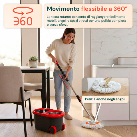 avilia home kit mocio rotante 360 con secchio 14l 46x27x22cm e centrifuga in acciaio include 2 testine in microfibra dosatore sapone e asta telescopica set lavapavimenti universale con ruote e scarico ean 8052879013140