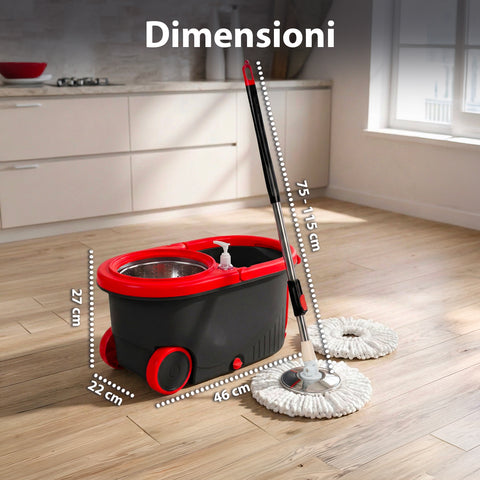 avilia home kit mocio rotante 360 con secchio 14l 46x27x22cm e centrifuga in acciaio include 2 testine in microfibra dosatore sapone e asta telescopica set lavapavimenti universale con ruote e scarico ean 8052879013140