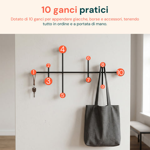 avilia home appendiabiti da parete moderno con 10 ganci in metallo resistente 59x335 cm portata 30 kg kit montaggio incluso 59x335 cm ean 8052879010880