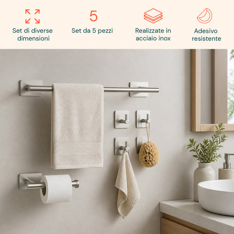 avilia home set 5 accessori bagno adesivi grigio in acciaio inox portata 25kg completo di porta rotolo e ganci per asciugamani ean 8052879012020
