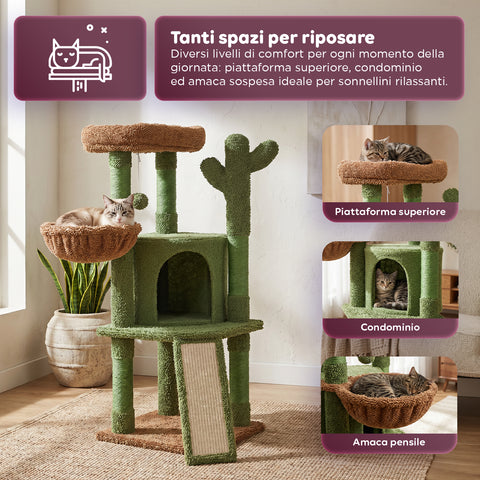 puppy lovers albero tiragraffi per gatti a forma di cactus 1065 cm torre tiragraffi in sisal naturale con casetta cuccia a cestino e pallina gioco design moderno verde e marrone ean 8054806950849