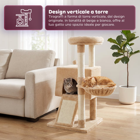 puppy lovers albero tiragraffi per gatti multilivello h 87 cm in sisal con amaca piattaforme e gioco a pallina 45x40 cm ean 8054806950481